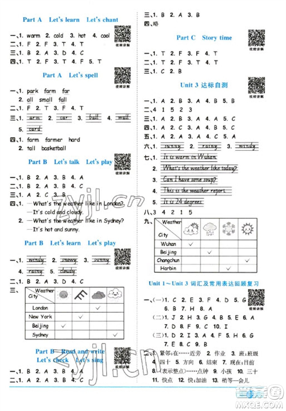 江西教育出版社2023陽光同學課時優(yōu)化作業(yè)四年級英語下冊人教版浙江專版參考答案