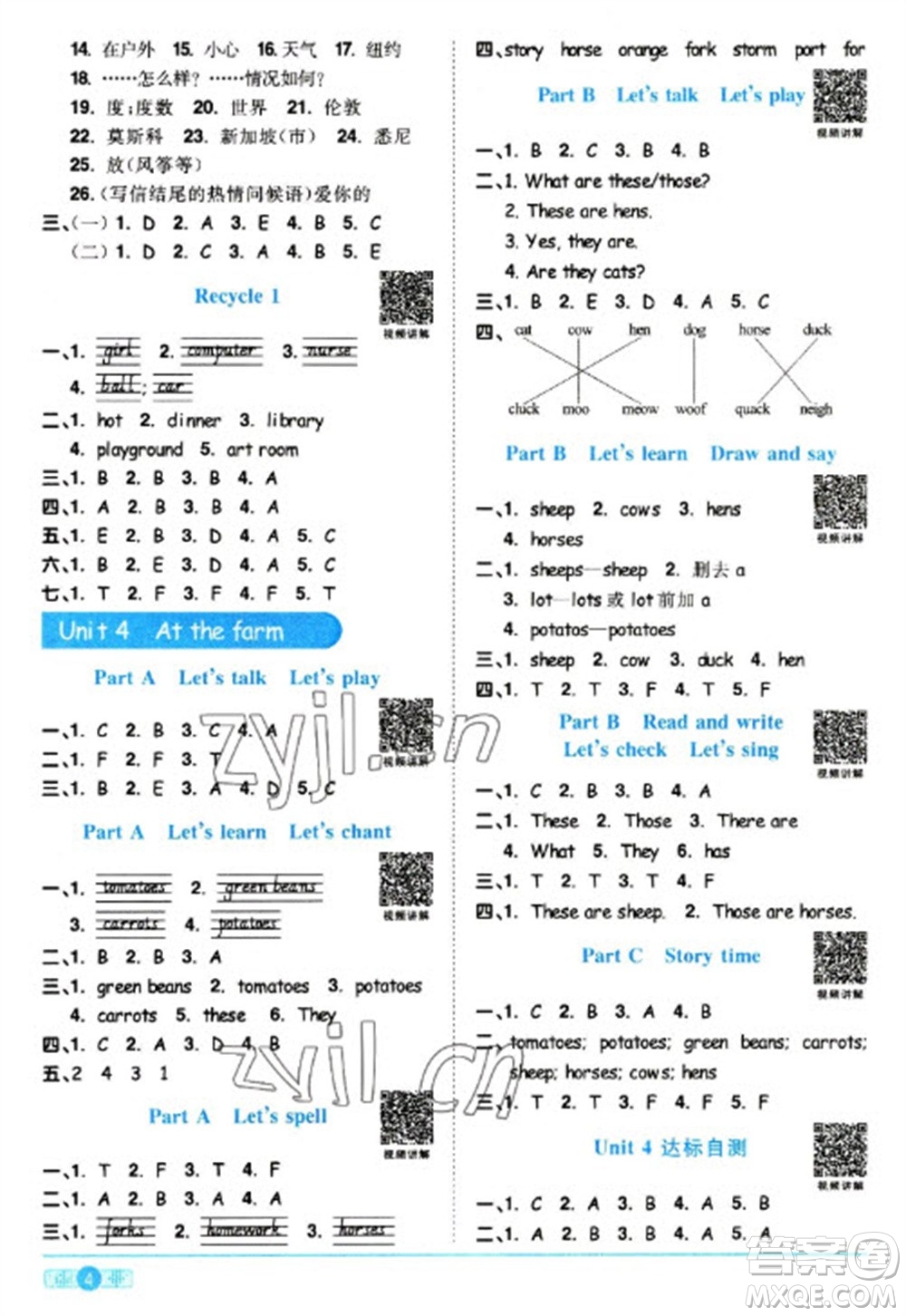 江西教育出版社2023陽光同學課時優(yōu)化作業(yè)四年級英語下冊人教版浙江專版參考答案