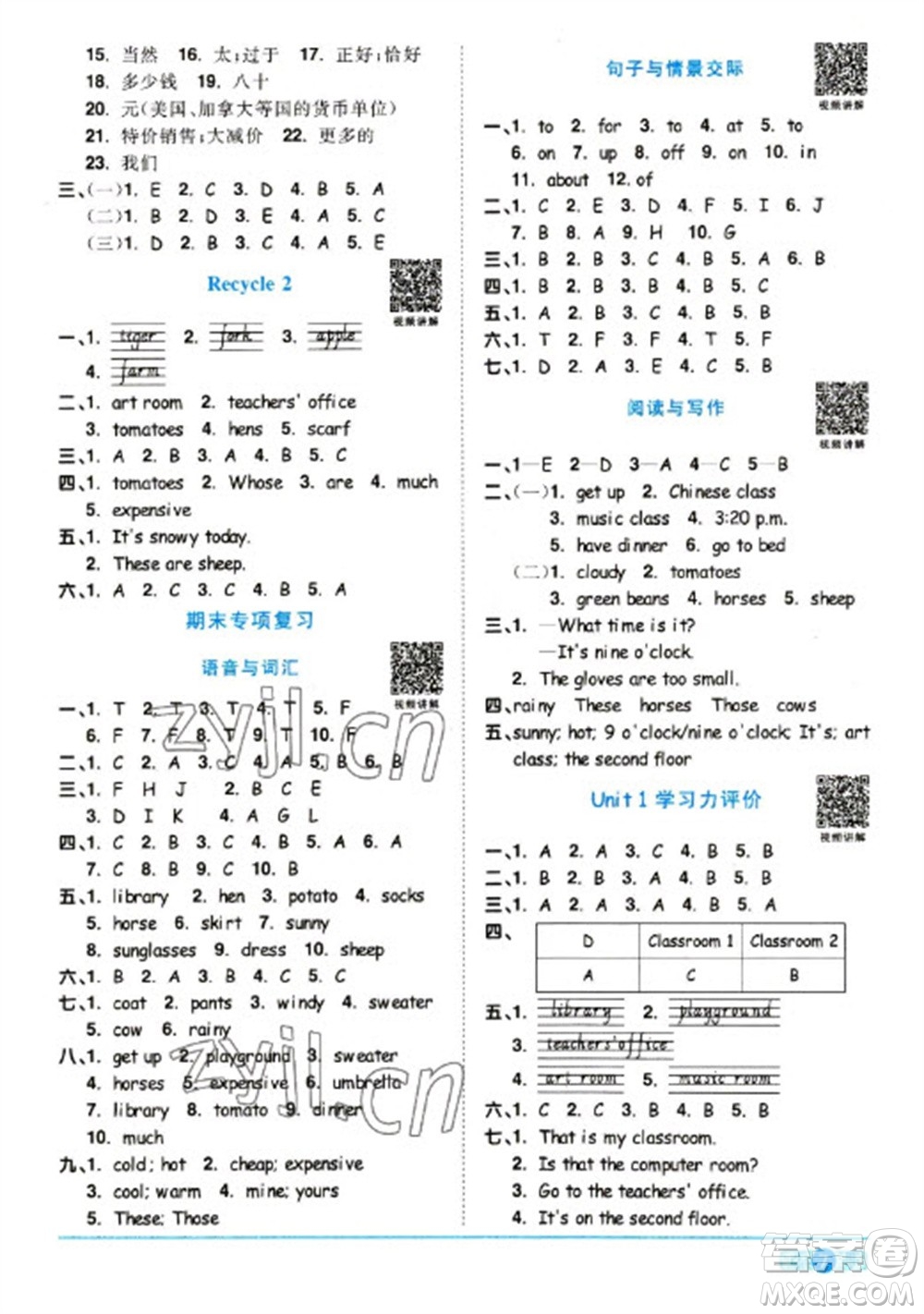 江西教育出版社2023陽光同學課時優(yōu)化作業(yè)四年級英語下冊人教版浙江專版參考答案