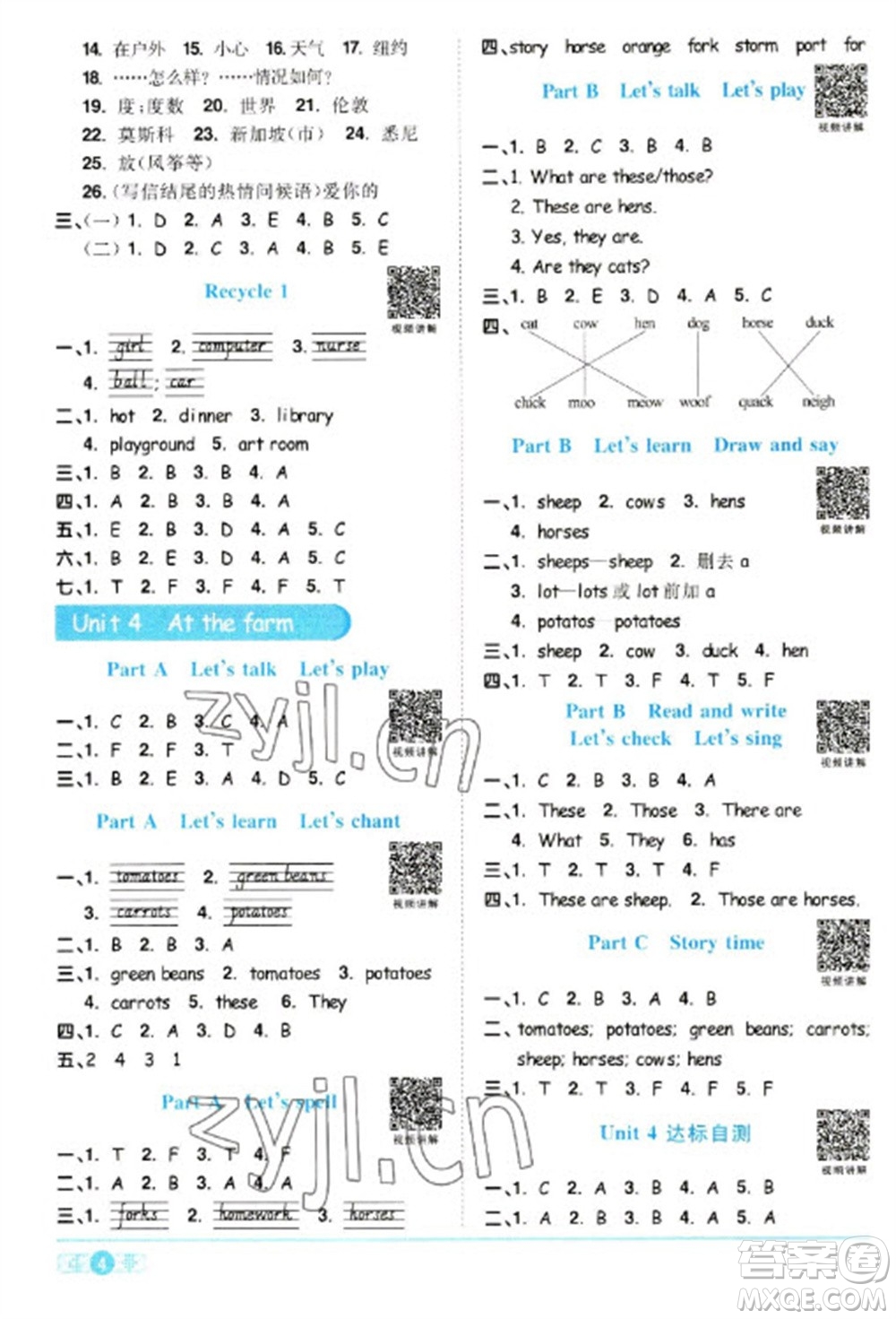 江西教育出版社2023陽(yáng)光同學(xué)課時(shí)優(yōu)化作業(yè)四年級(jí)英語(yǔ)下冊(cè)人教PEP版參考答案