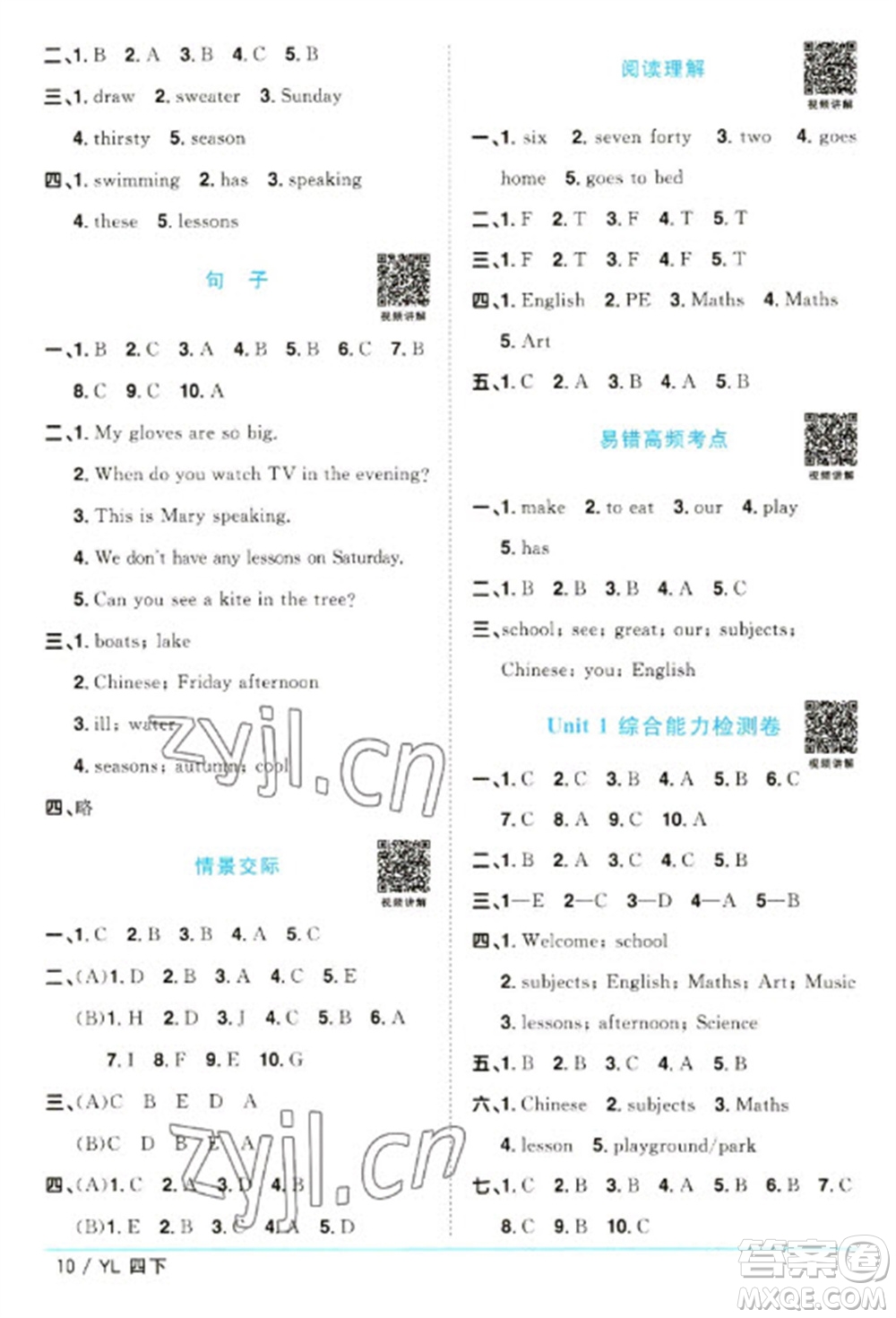 江西教育出版社2023陽光同學(xué)課時(shí)優(yōu)化作業(yè)四年級英語下冊譯林版參考答案