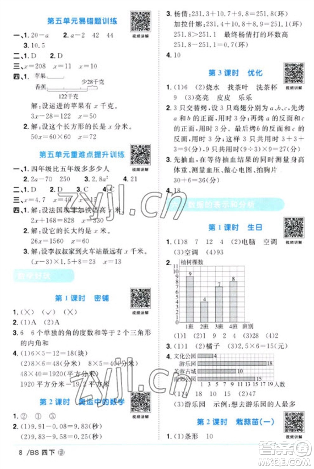 江西教育出版社2023陽光同學(xué)課時優(yōu)化作業(yè)四年級數(shù)學(xué)下冊北師大版福建專版參考答案