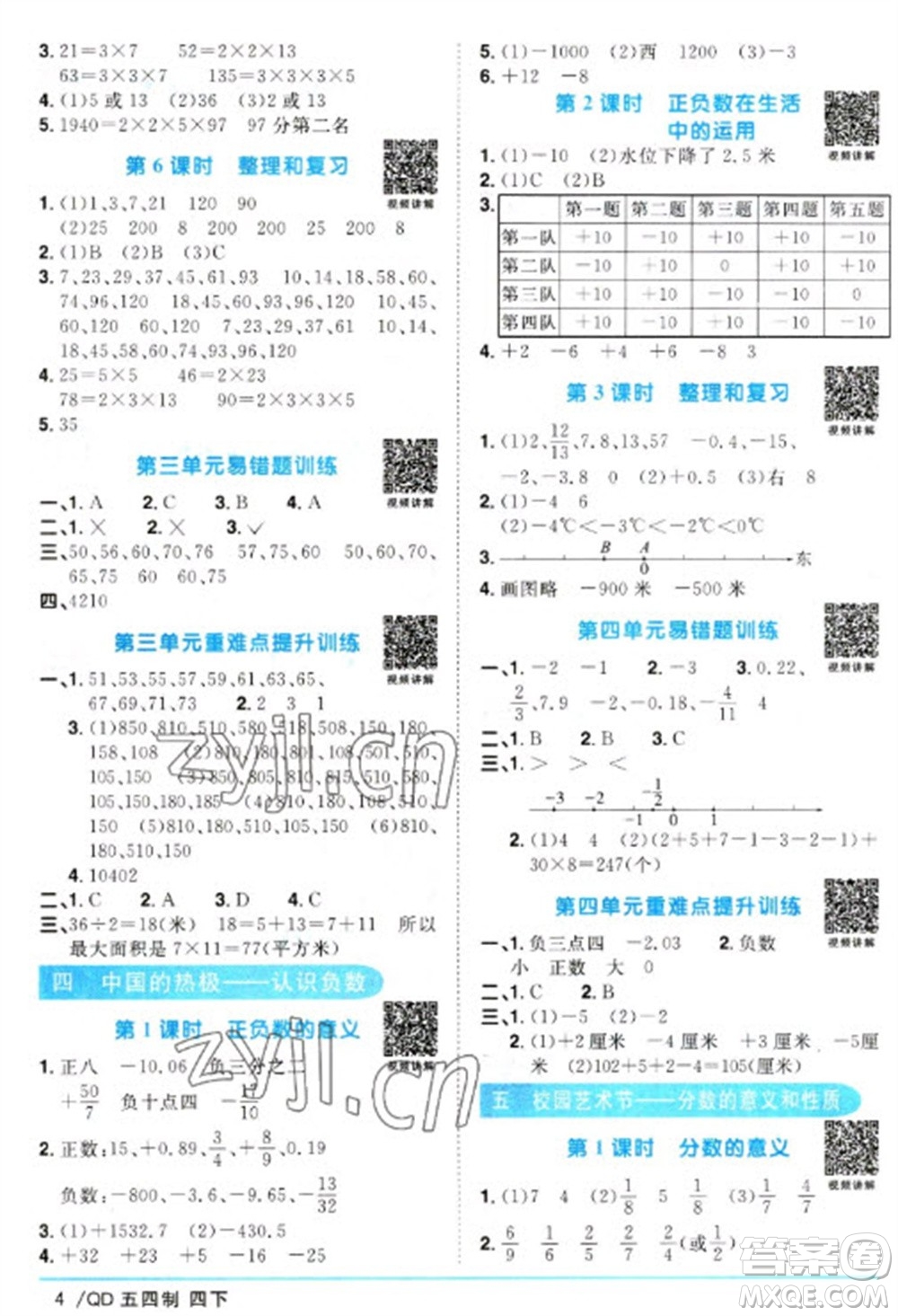 江西教育出版社2023陽光同學(xué)課時(shí)優(yōu)化作業(yè)四年級數(shù)學(xué)下冊青島版五四制參考答案