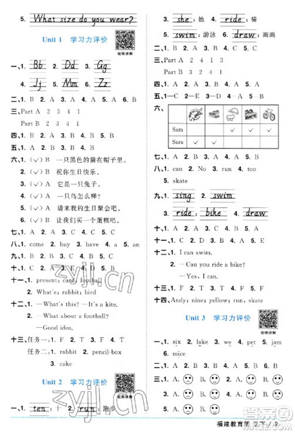 江西教育出版社2023陽光同學(xué)課時優(yōu)化作業(yè)三年級英語下冊閩教版福建專版參考答案