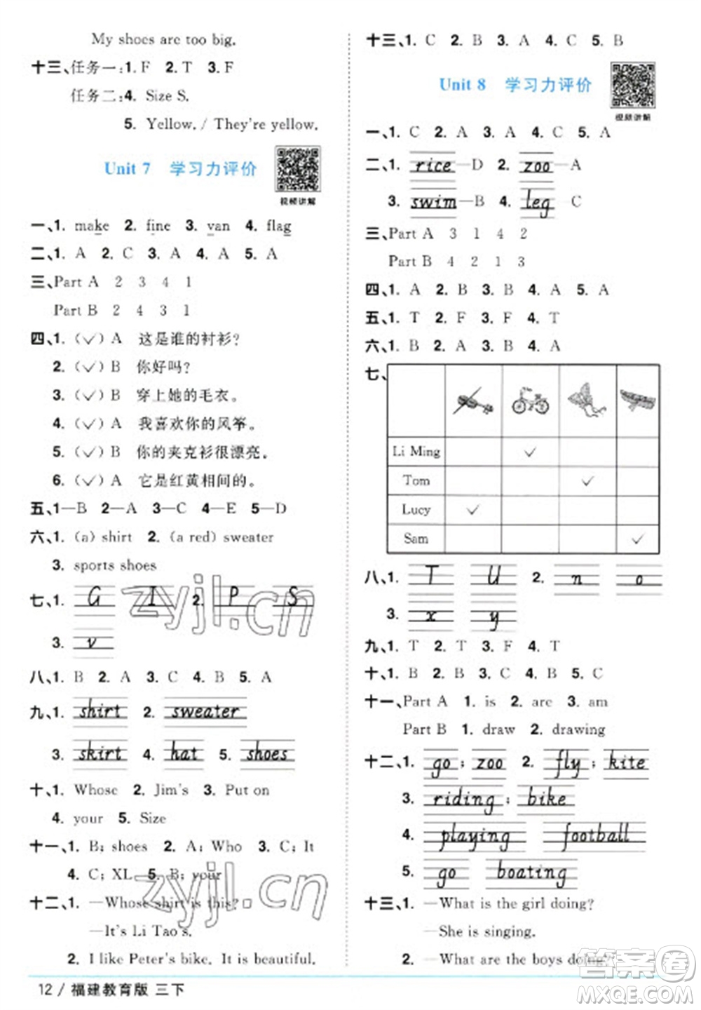 江西教育出版社2023陽光同學(xué)課時優(yōu)化作業(yè)三年級英語下冊閩教版福建專版參考答案