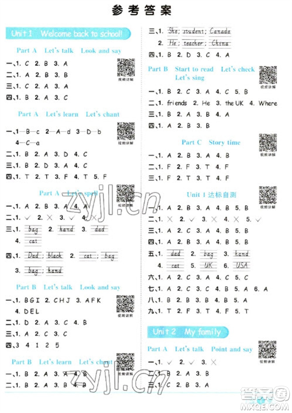 江西教育出版社2023陽光同學(xué)課時優(yōu)化作業(yè)三年級英語下冊人教PEP版參考答案