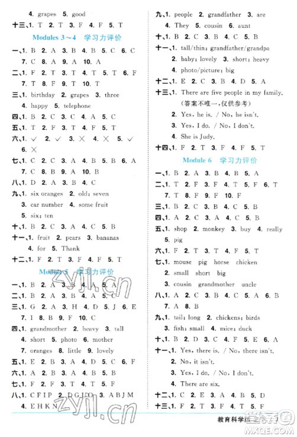 江西教育出版社2023陽(yáng)光同學(xué)課時(shí)優(yōu)化作業(yè)三年級(jí)英語(yǔ)下冊(cè)教育科學(xué)版參考答案