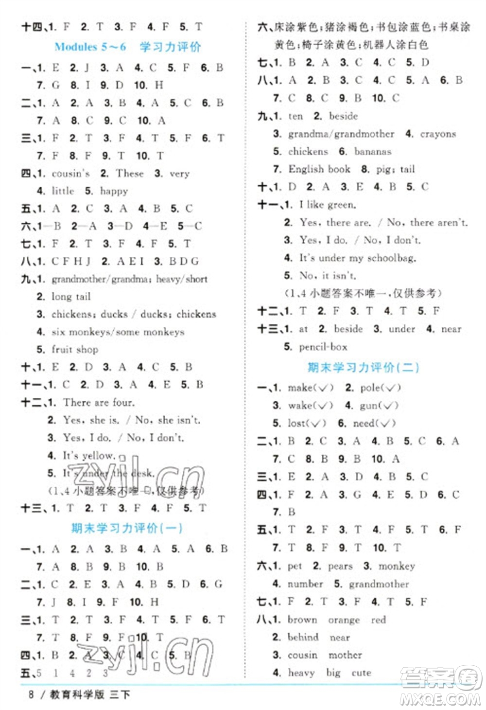 江西教育出版社2023陽(yáng)光同學(xué)課時(shí)優(yōu)化作業(yè)三年級(jí)英語(yǔ)下冊(cè)教育科學(xué)版參考答案