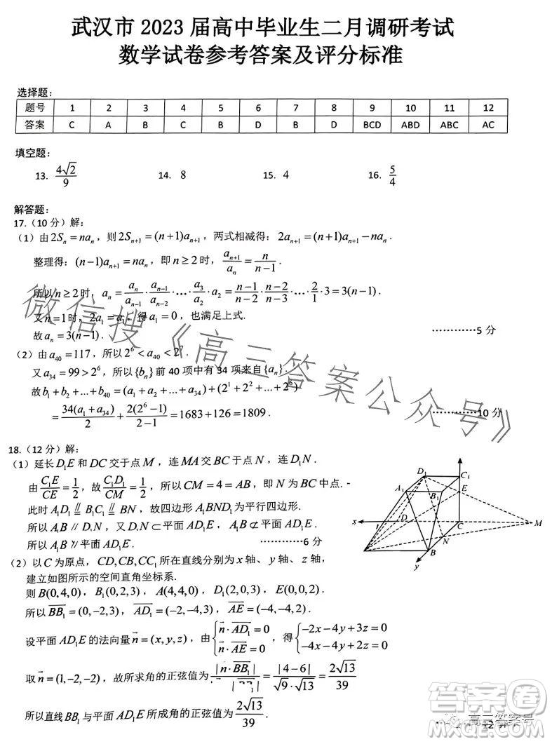 武漢市2023屆高三2月調(diào)研考試數(shù)學(xué)試卷答案