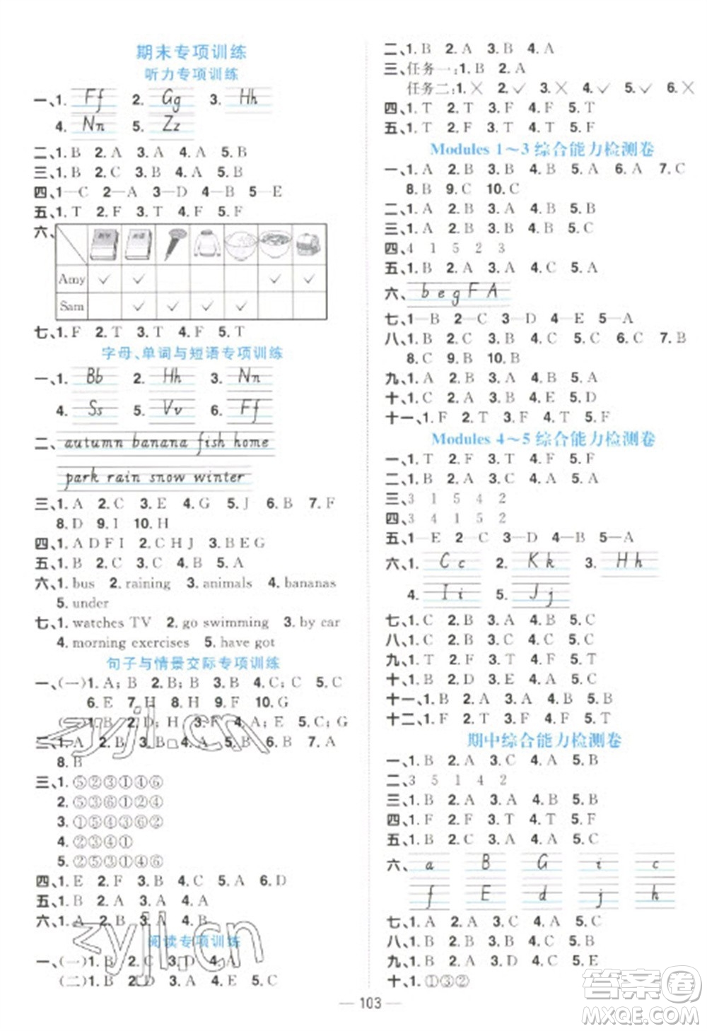 江西教育出版社2023陽光同學課時優(yōu)化作業(yè)三年級英語下冊外研版參考答案