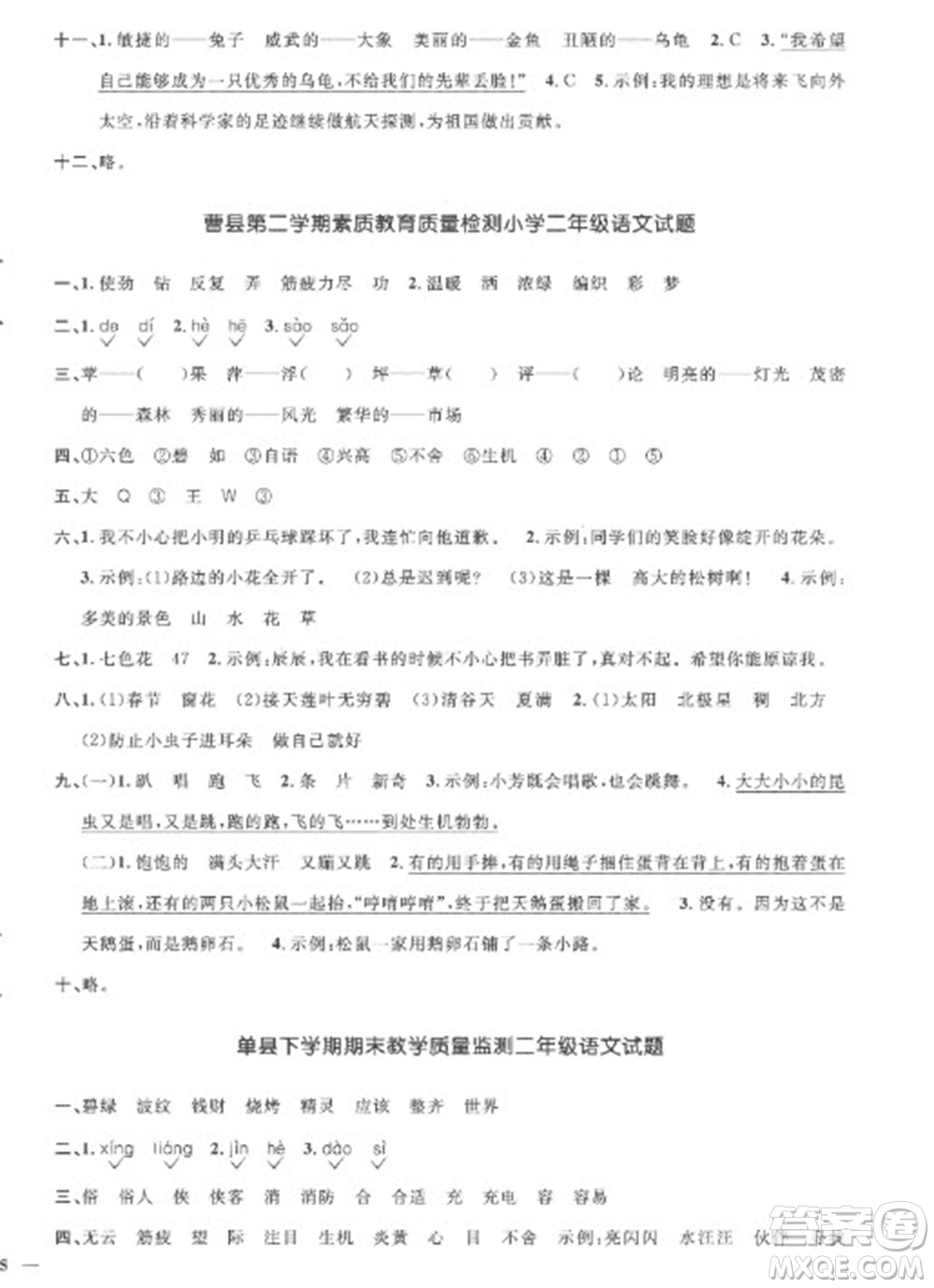 江西教育出版社2023陽(yáng)光同學(xué)課時(shí)優(yōu)化作業(yè)二年級(jí)語(yǔ)文下冊(cè)人教版菏澤專版參考答案