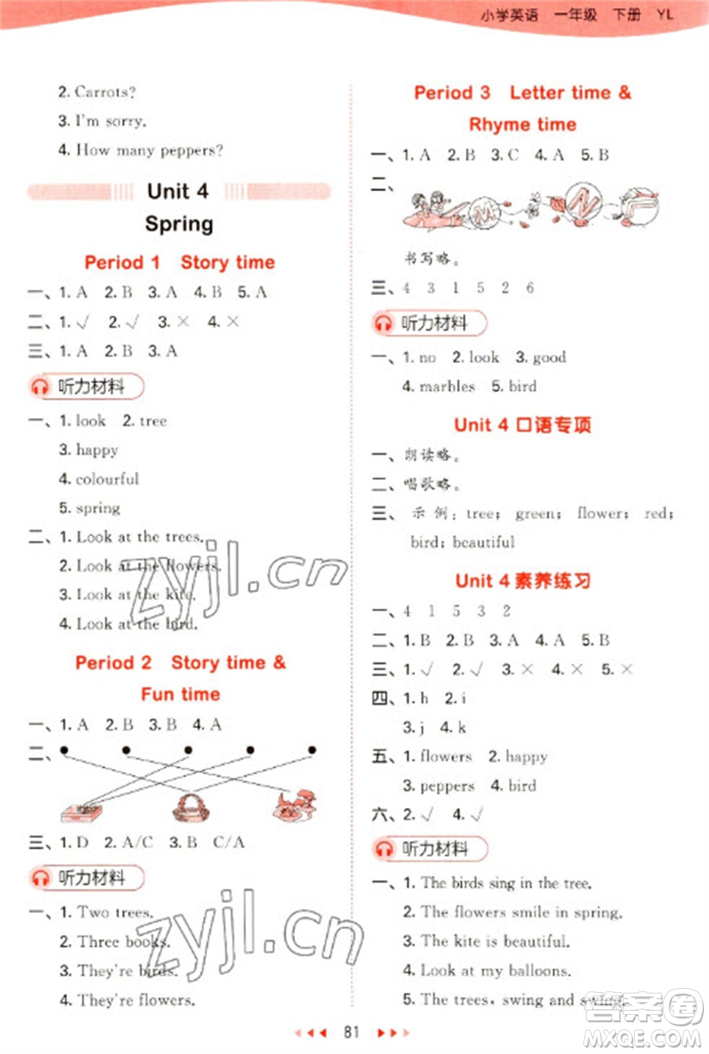 地質(zhì)出版社2023春季53天天練一年級英語下冊譯林版參考答案