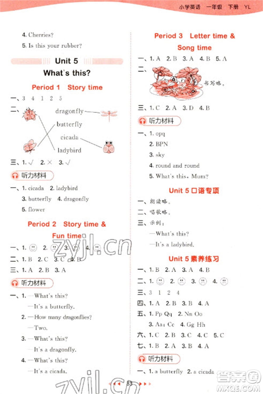 地質(zhì)出版社2023春季53天天練一年級英語下冊譯林版參考答案