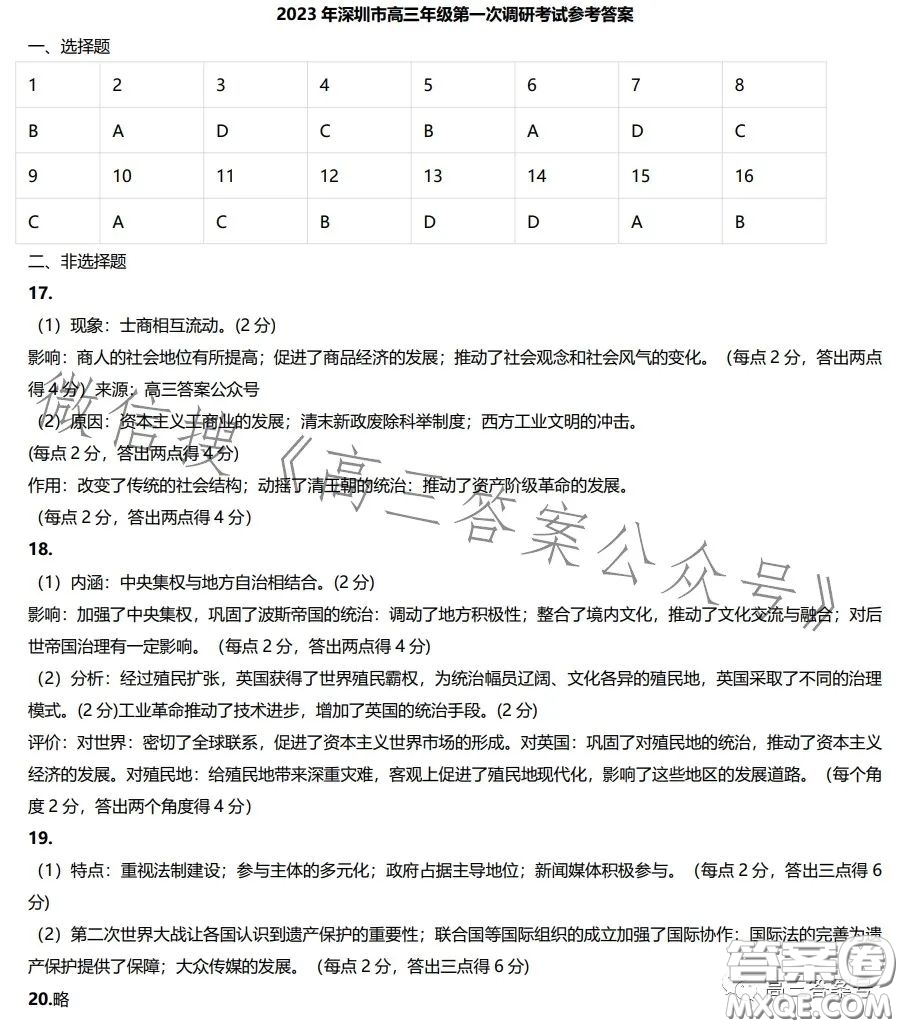 2023年深圳市高三年級第一次調研考試歷史試卷答案