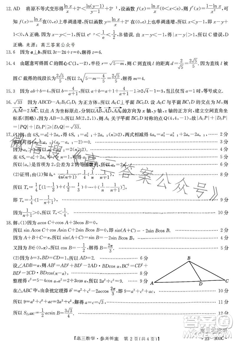 2023河北金太陽高三聯(lián)考23302C數(shù)學(xué)試卷答案