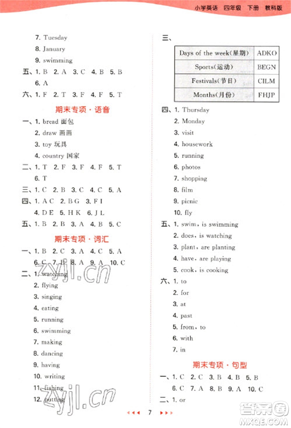 教育科學出版社2023春季53天天練四年級英語下冊教科版廣州專版參考答案