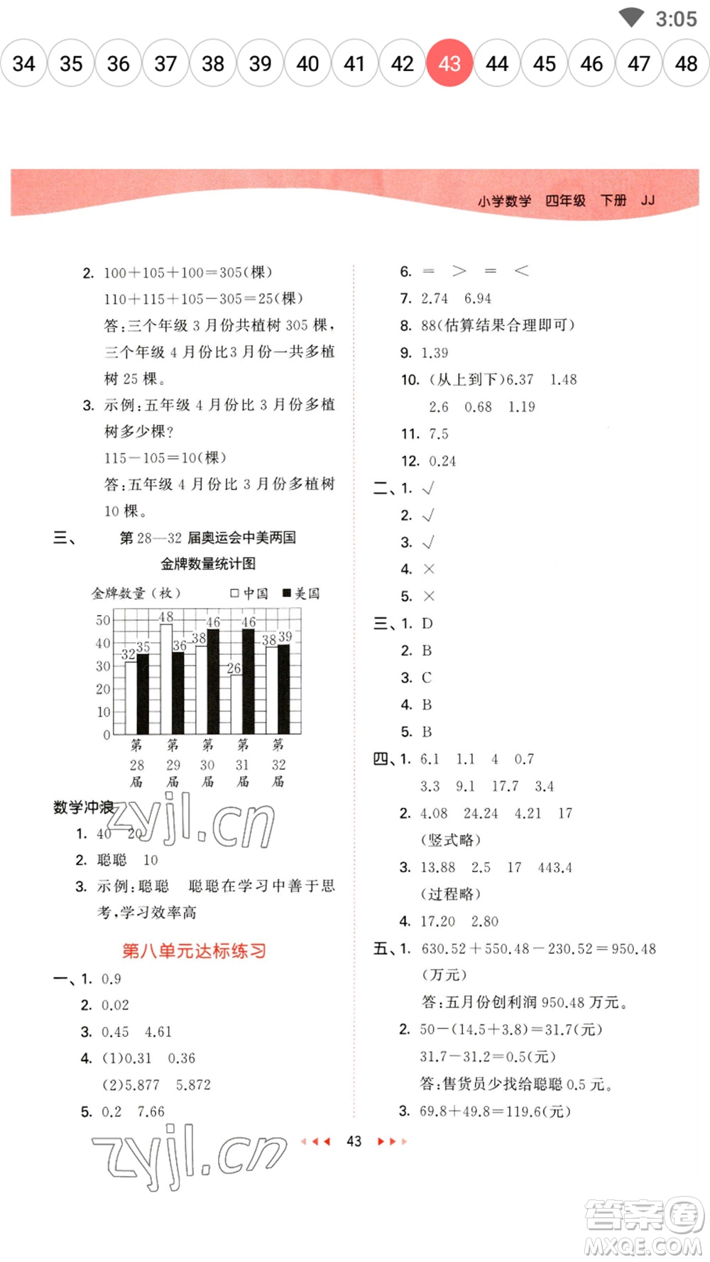 地質(zhì)出版社2023春季53天天練四年級數(shù)學(xué)下冊冀教版參考答案