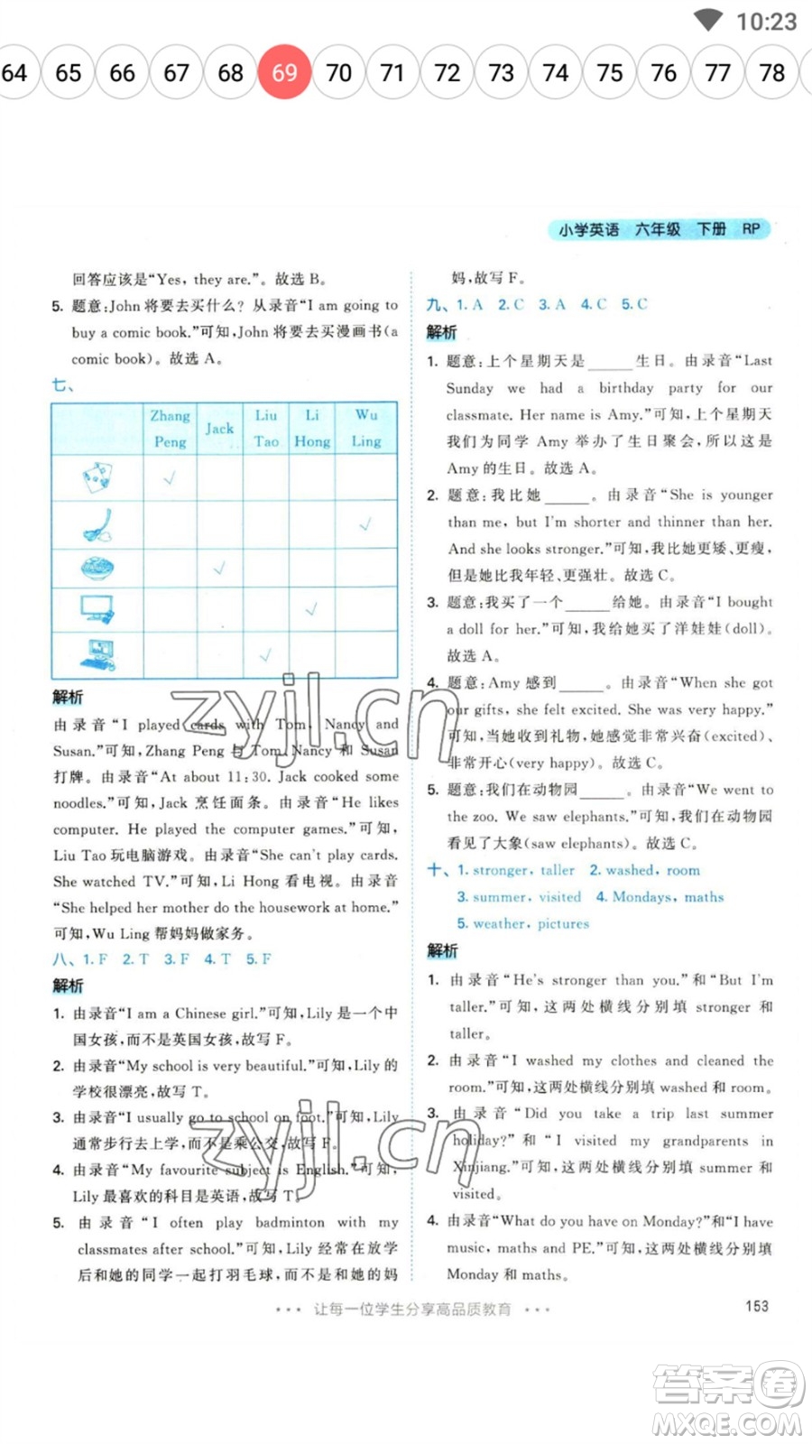 教育科學(xué)出版社2023春季53天天練六年級(jí)英語(yǔ)下冊(cè)人教PEP版參考答案