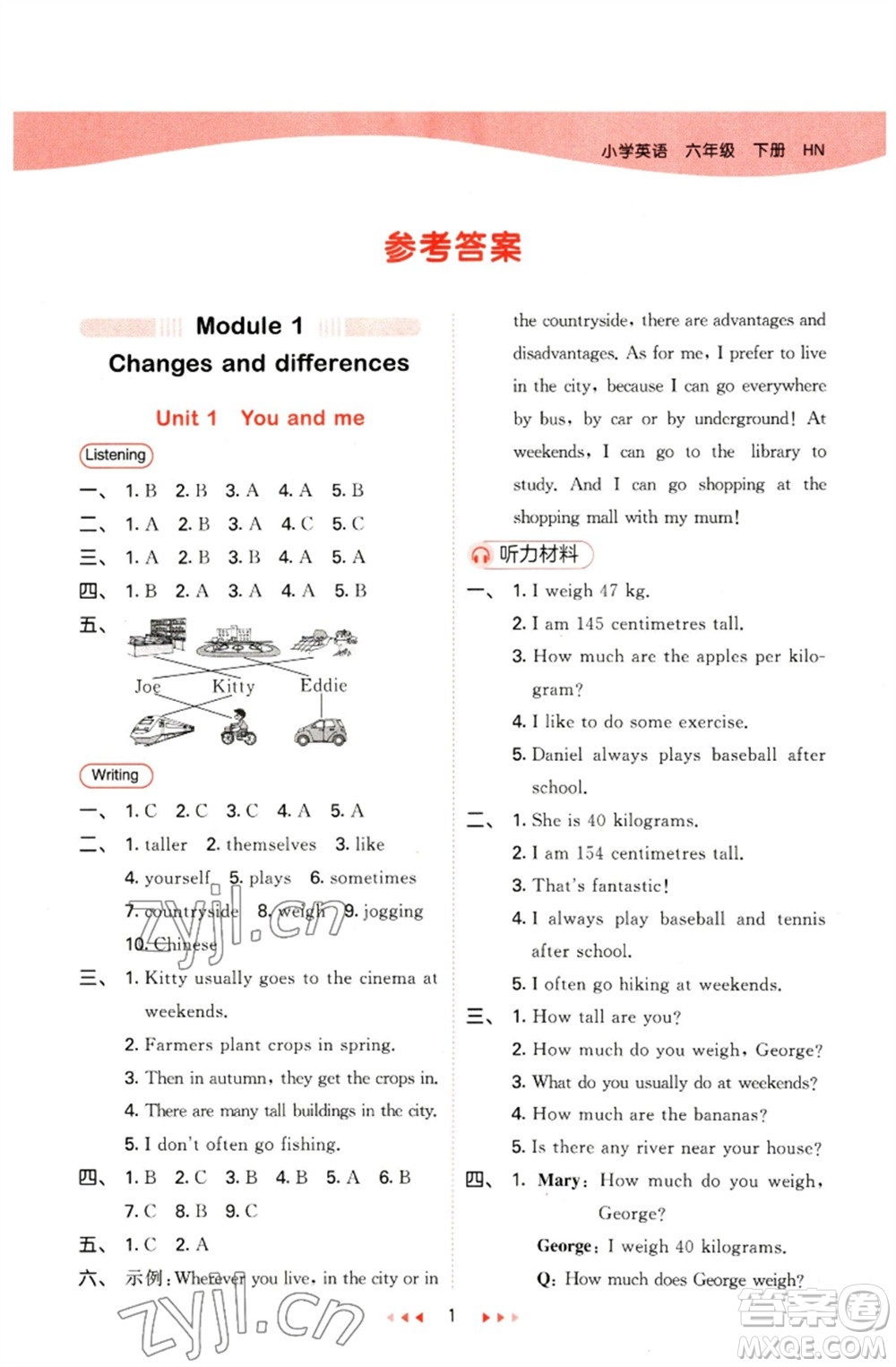 首都師范大學(xué)出版社2023春季53天天練六年級(jí)英語下冊滬教牛津版參考答案