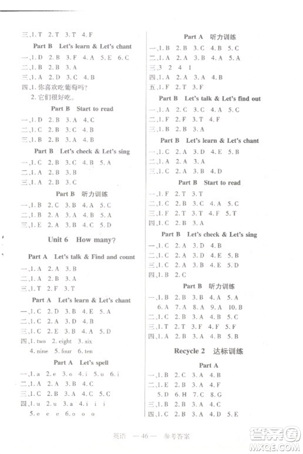 二十一世紀(jì)出版社2023新課程新練習(xí)三年級英語下冊人教PEP版參考答案