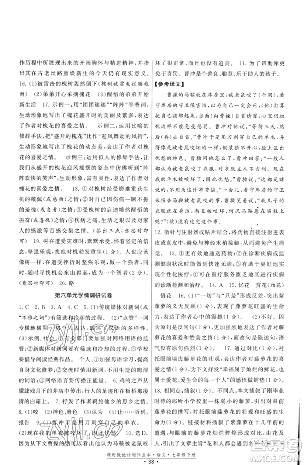 福建人民出版社2023課時提優(yōu)計劃作業(yè)本七年級語文下冊人教版參考答案