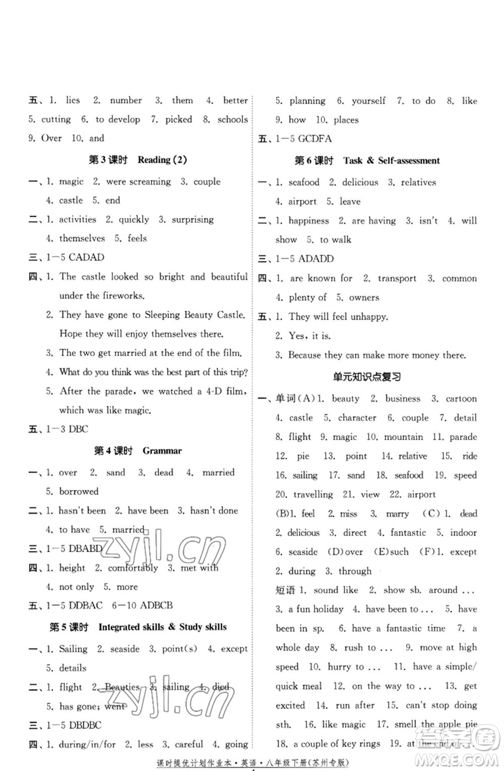 福建人民出版社2023課時(shí)提優(yōu)計(jì)劃作業(yè)本八年級(jí)英語(yǔ)下冊(cè)譯林版蘇州專版參考答案