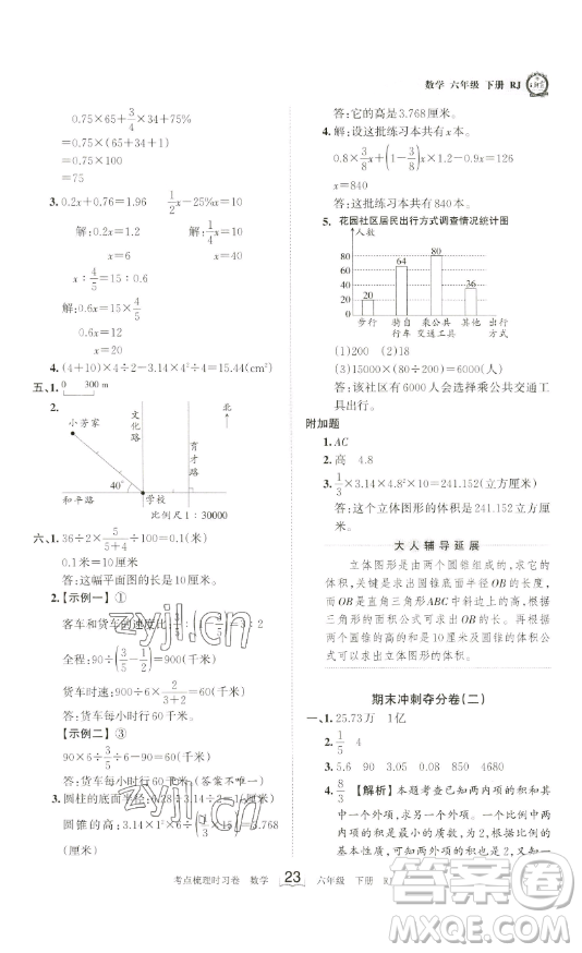 江西人民出版社2023王朝霞考點梳理時習卷六年級下冊數(shù)學人教版答案