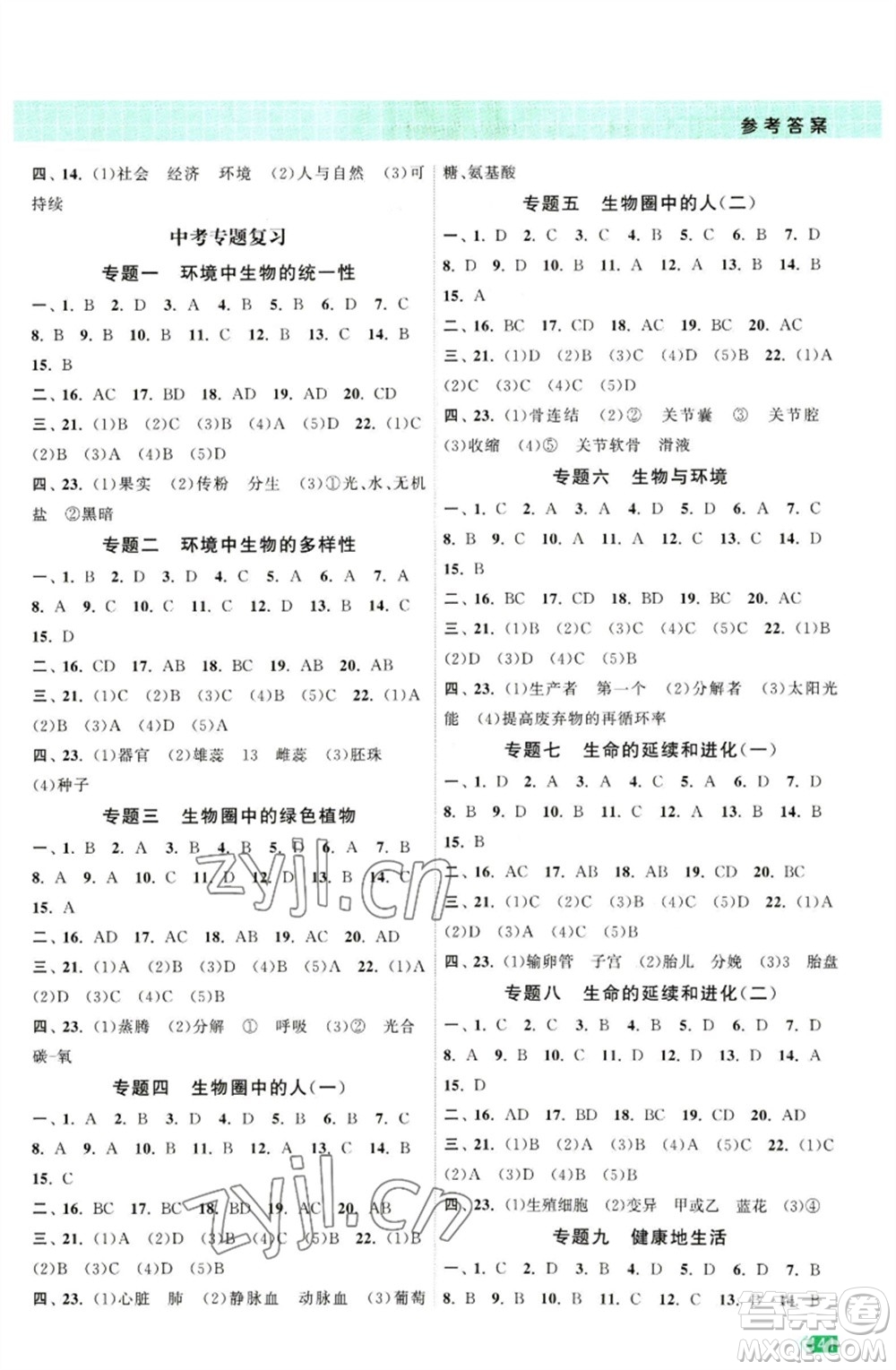 江蘇鳳凰美術(shù)出版社2023課時(shí)提優(yōu)計(jì)劃作業(yè)本八年級(jí)生物下冊(cè)蘇科版參考答案