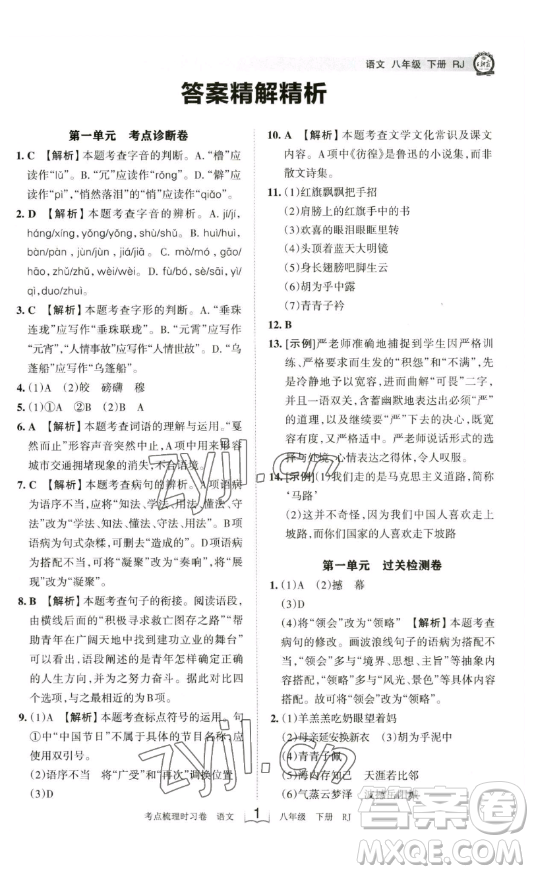 江西人民出版社2023王朝霞考點梳理時習卷八年級下冊語文人教版答案