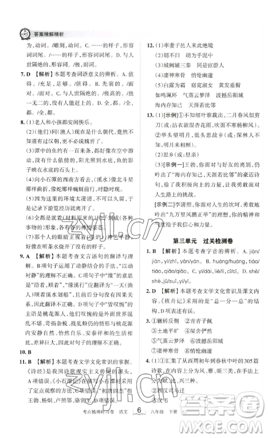 江西人民出版社2023王朝霞考點梳理時習卷八年級下冊語文人教版答案