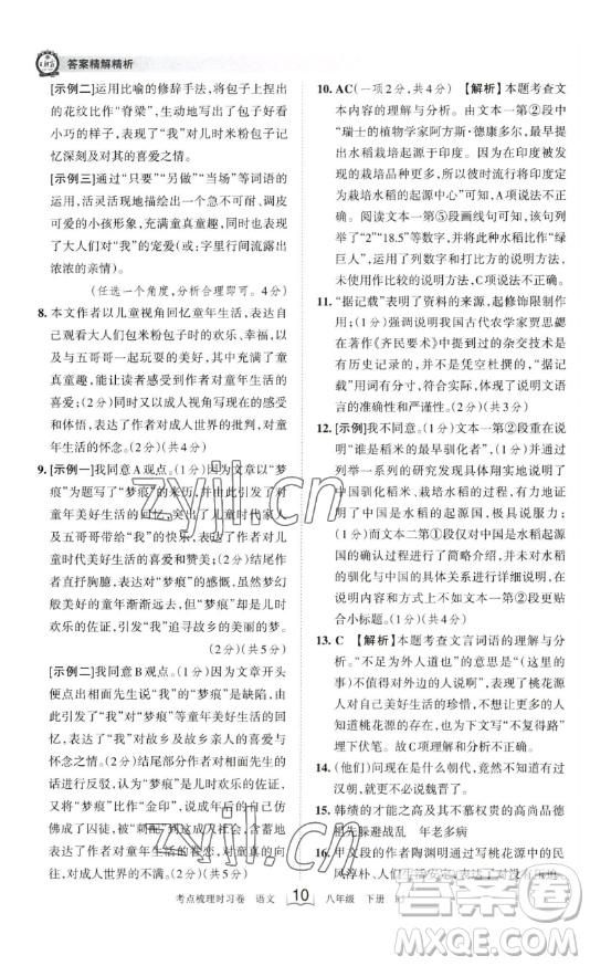 江西人民出版社2023王朝霞考點梳理時習卷八年級下冊語文人教版答案