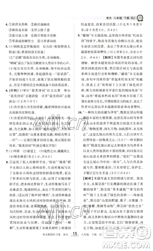 江西人民出版社2023王朝霞考點梳理時習卷八年級下冊語文人教版答案