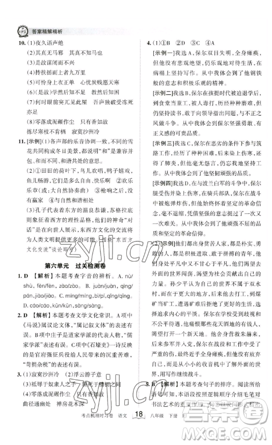 江西人民出版社2023王朝霞考點梳理時習卷八年級下冊語文人教版答案