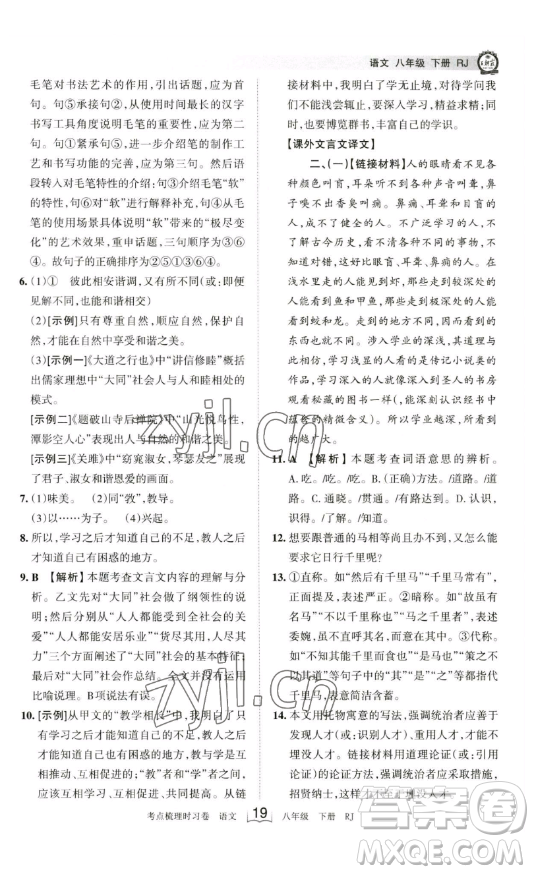 江西人民出版社2023王朝霞考點梳理時習卷八年級下冊語文人教版答案