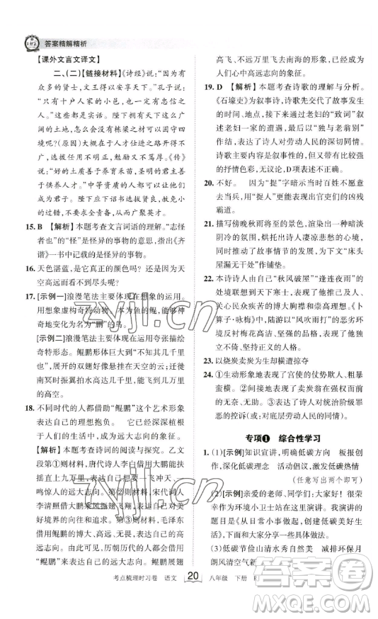 江西人民出版社2023王朝霞考點梳理時習卷八年級下冊語文人教版答案