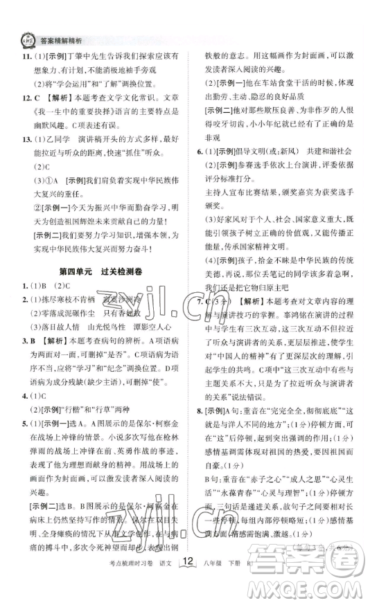 江西人民出版社2023王朝霞考點梳理時習卷八年級下冊語文人教版答案