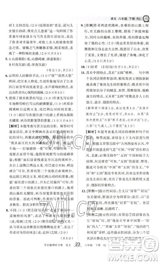 江西人民出版社2023王朝霞考點梳理時習卷八年級下冊語文人教版答案