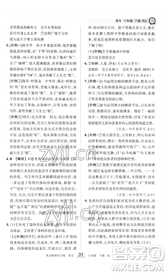 江西人民出版社2023王朝霞考點梳理時習卷八年級下冊語文人教版答案