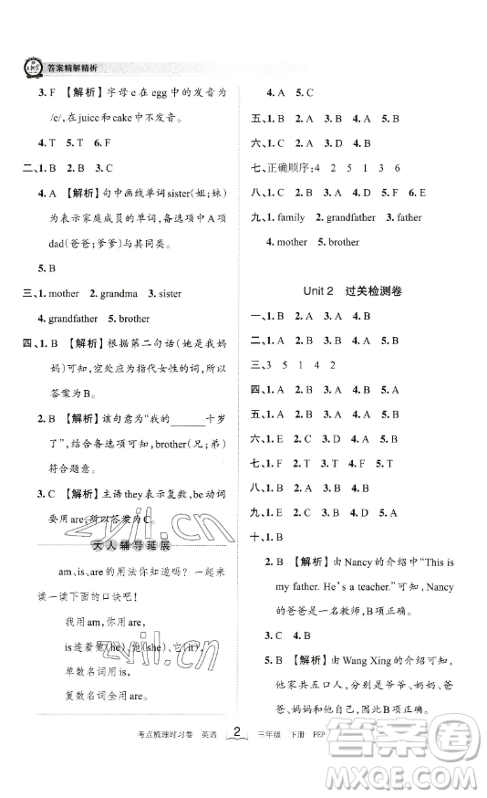 江西人民出版社2023王朝霞考點梳理時習(xí)卷三年級下冊英語人教PEP版答案