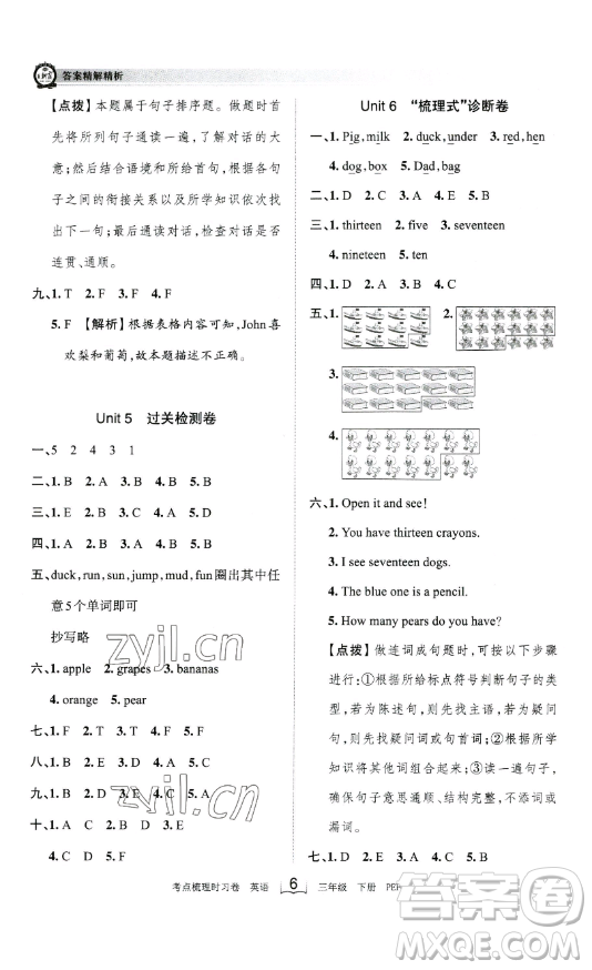 江西人民出版社2023王朝霞考點梳理時習(xí)卷三年級下冊英語人教PEP版答案