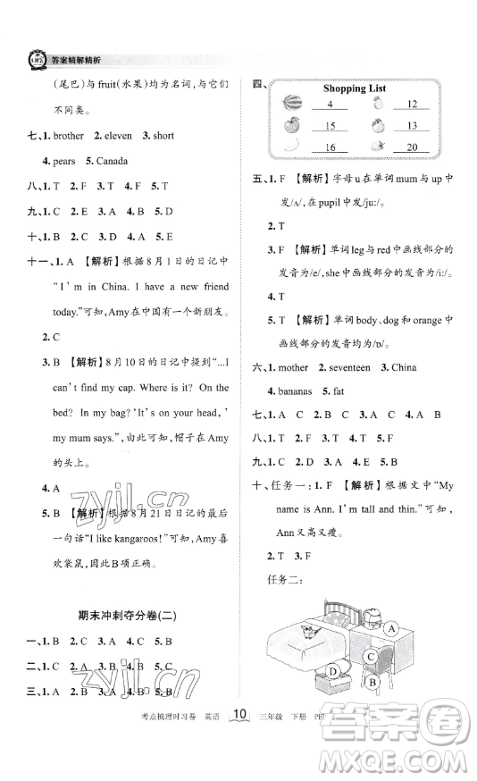 江西人民出版社2023王朝霞考點梳理時習(xí)卷三年級下冊英語人教PEP版答案