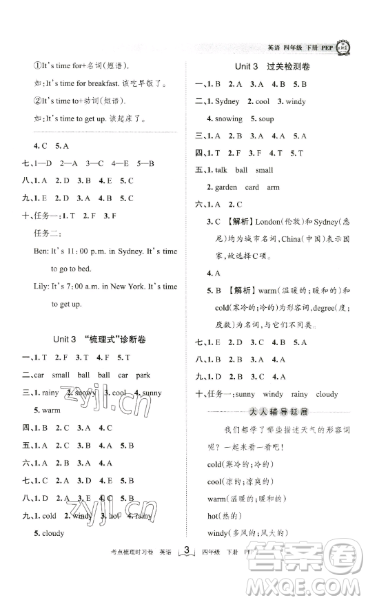 江西人民出版社2023王朝霞考點梳理時習(xí)卷四年級下冊英語人教PEP版答案