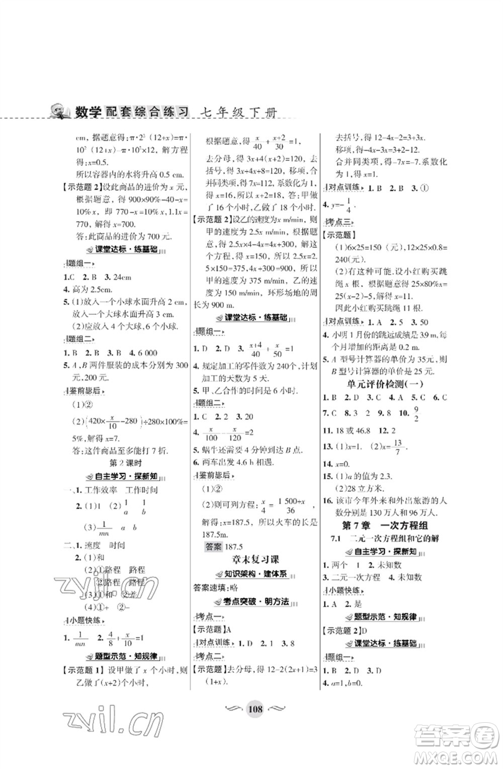 甘肅文化出版社2023數(shù)學(xué)配套綜合練習(xí)七年級下冊華師大版參考答案