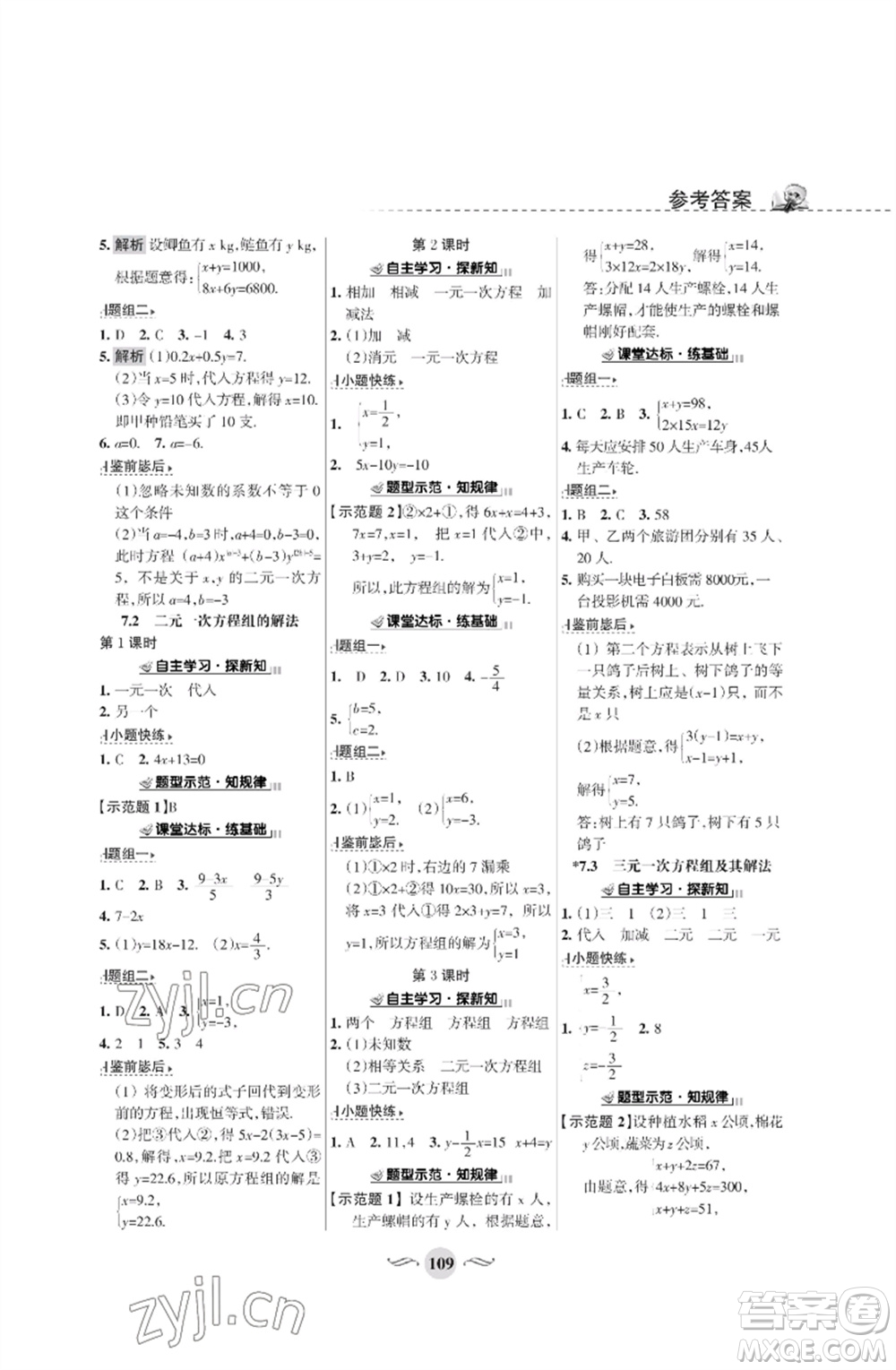 甘肅文化出版社2023數(shù)學(xué)配套綜合練習(xí)七年級下冊華師大版參考答案