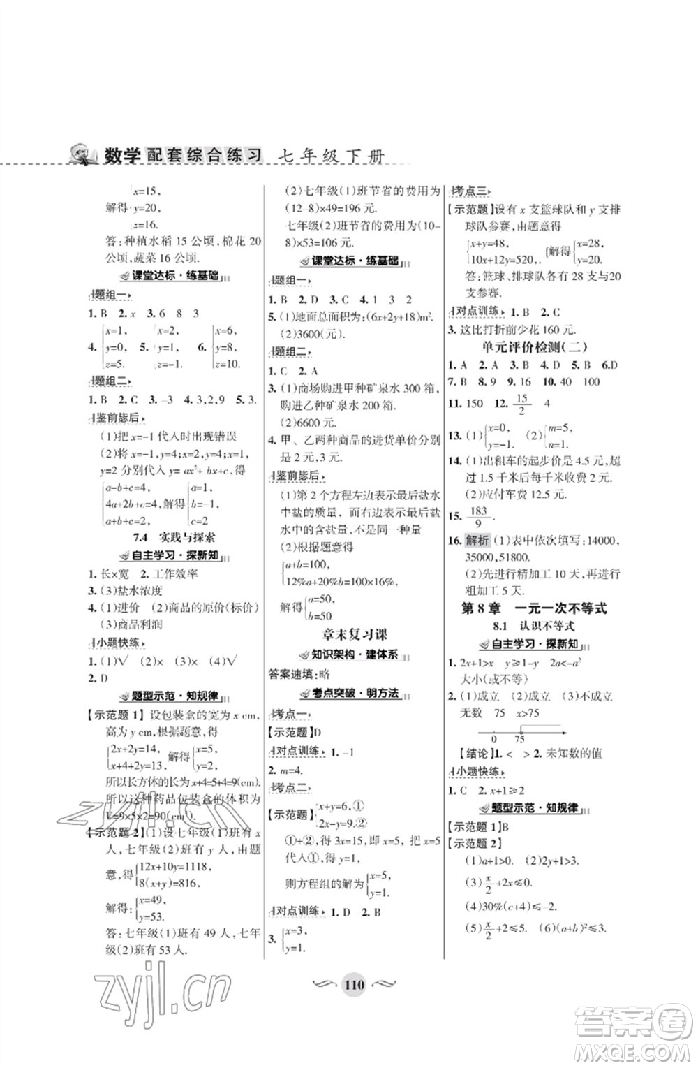 甘肅文化出版社2023數(shù)學(xué)配套綜合練習(xí)七年級下冊華師大版參考答案