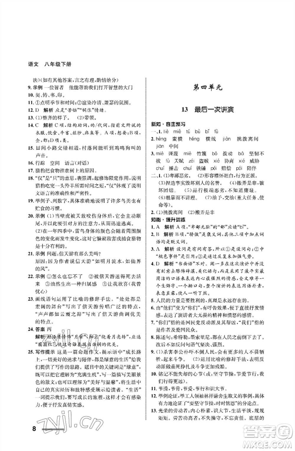 甘肅教育出版社2023語文配套綜合練習(xí)八年級下冊人教版參考答案