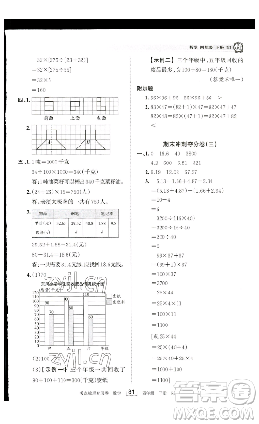 江西人民出版社2023王朝霞考點梳理時習卷四年級下冊數學人教版答案