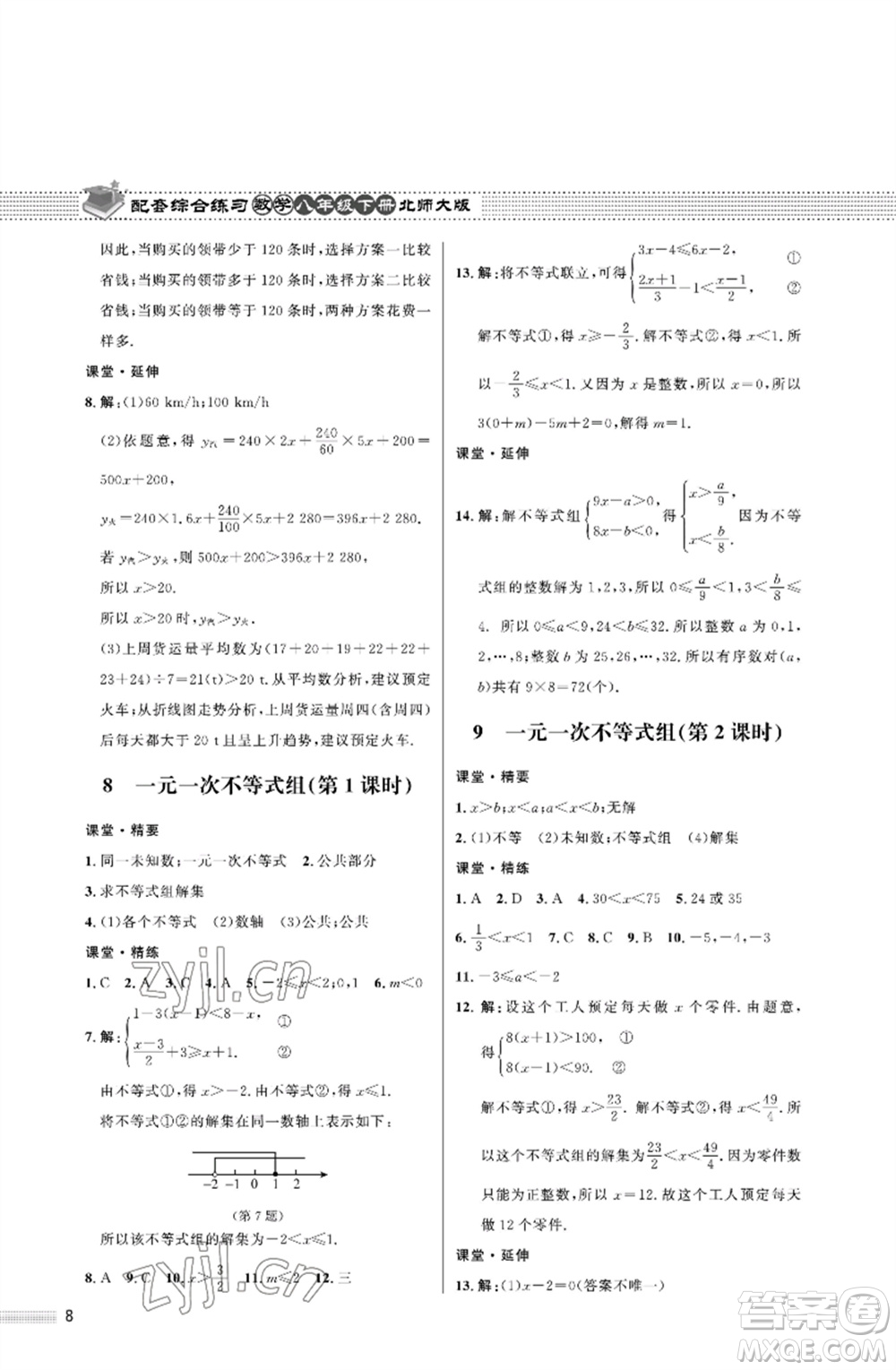 北京師范大學(xué)出版社2023數(shù)學(xué)配套綜合練習(xí)八年級下冊北師大版參考答案