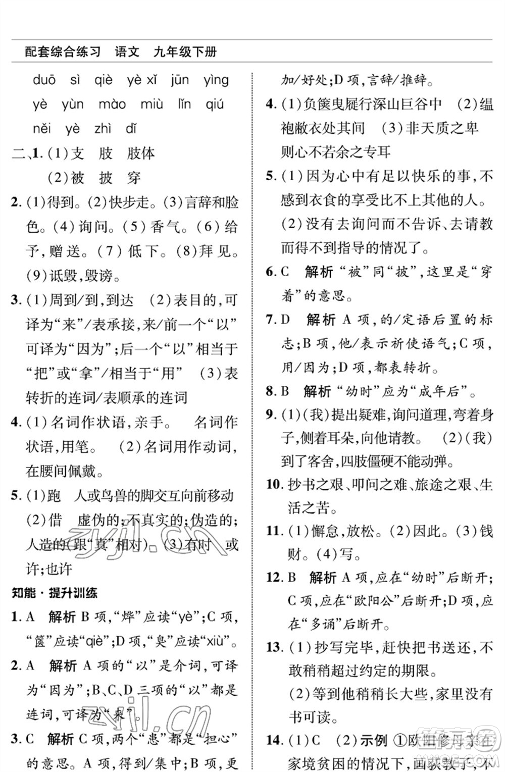 北京師范大學(xué)出版社2023語(yǔ)文配套綜合練習(xí)九年級(jí)下冊(cè)人教版參考答案