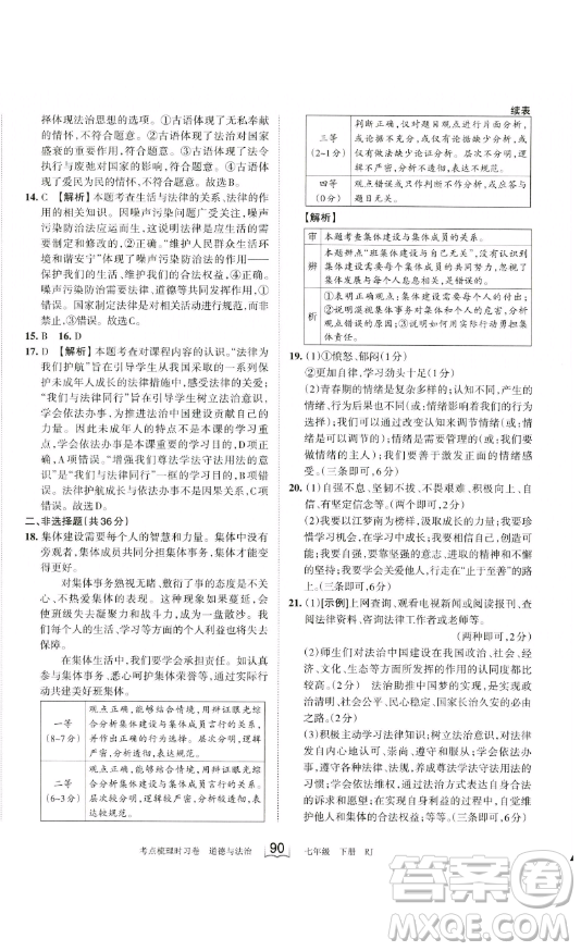 江西人民出版社2023王朝霞考點(diǎn)梳理時(shí)習(xí)卷七年級下冊道德與法治人教版答案